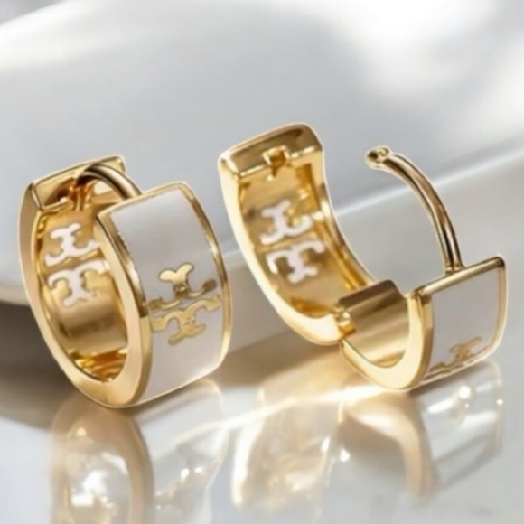 Tory Burch Gold and White Logo Hoop Earrings - Picture 2 of 6